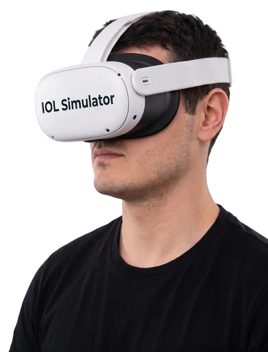 Persona con un visor de realidad virtual blanco puesto, vista de tres cuartos.